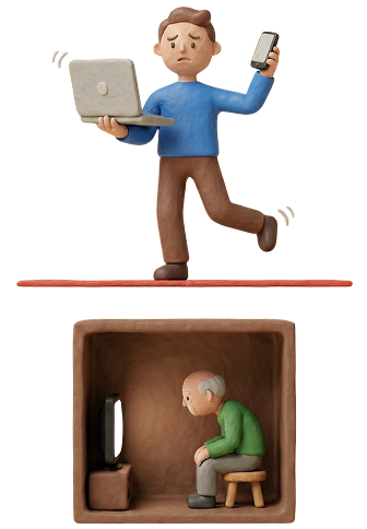 Busy professional working while senior sits alone